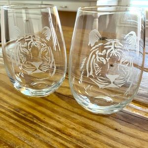 Stemless Tiger Engraved Wine or Juice Glassware Set of 2